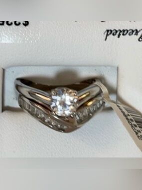 Solitaire Engagement Wedding Ring Set 💍 Round & Baguette Lab Sapphire 💎 NWT Sz 7